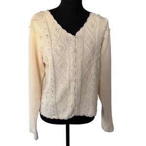 Vtg JM Studio Womens Cream Pearl Button Cable Knit Cardigan Size S Grandmacore